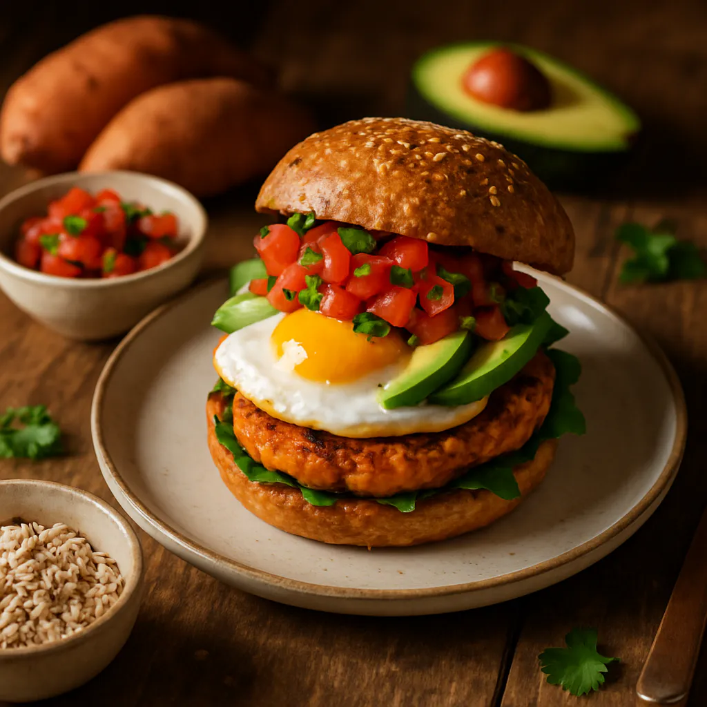 Süßkartoffel-Burger mit Avocado und Tomatensalsa