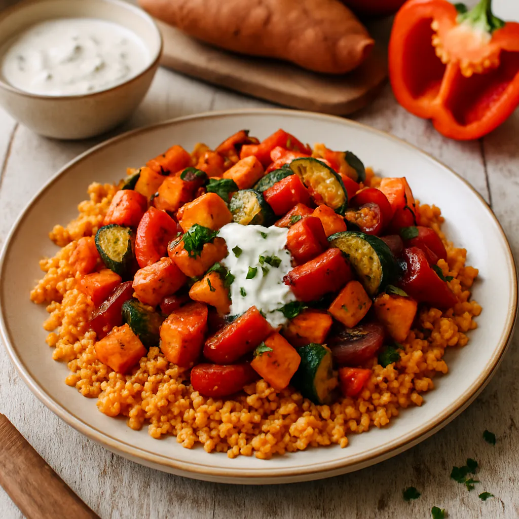 Süßkartoffel-Couscous mit gebratenem Gemüse und Joghurtsoße