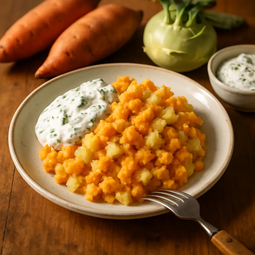 Süßkartoffel-Kohlrabi-Stampf mit Kräuterquark