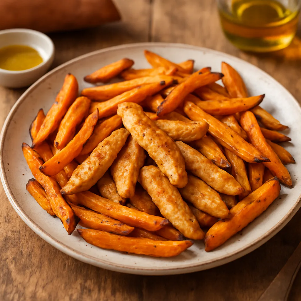 Süßkartoffel-Pommes mit Hähnchen-Streifen