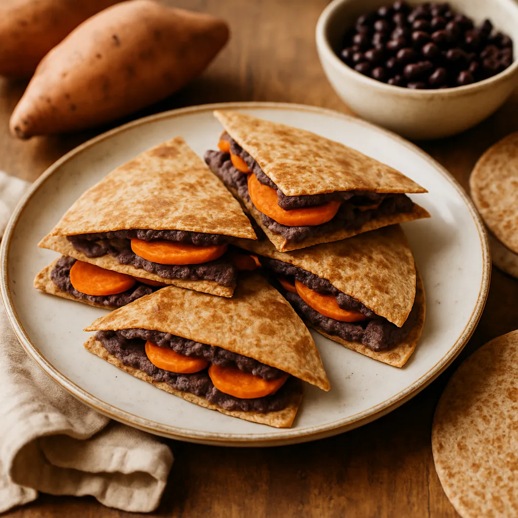 Süßkartoffel-Quesadillas mit schwarzem Bohnen-Püree