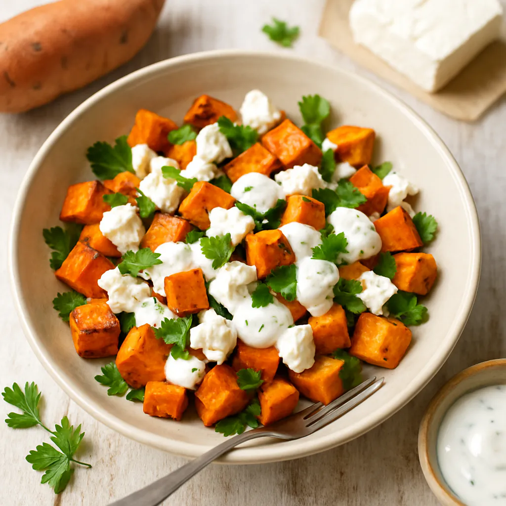Süßkartoffel-Salat mit Feta und Joghurt-Dressing