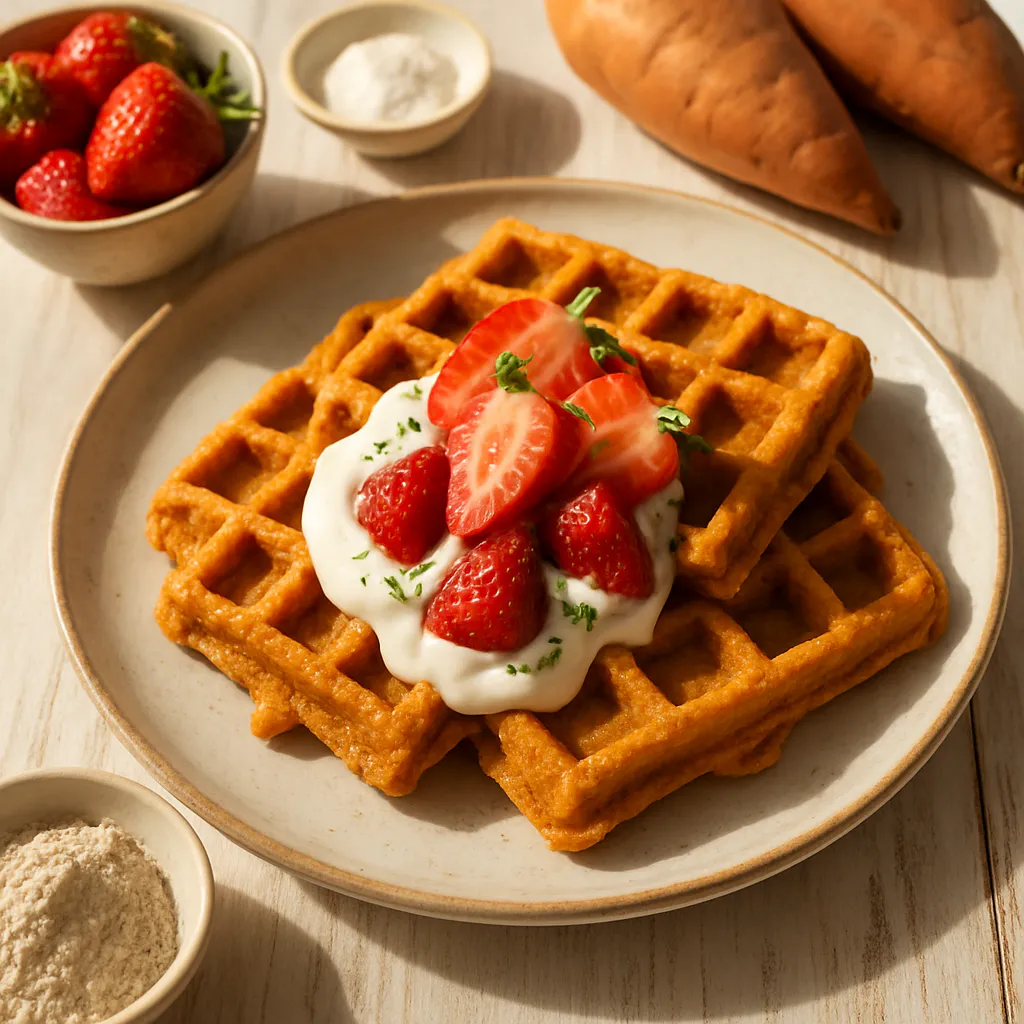 Süßkartoffel-Waffeln mit Joghurt und Erdbeeren
