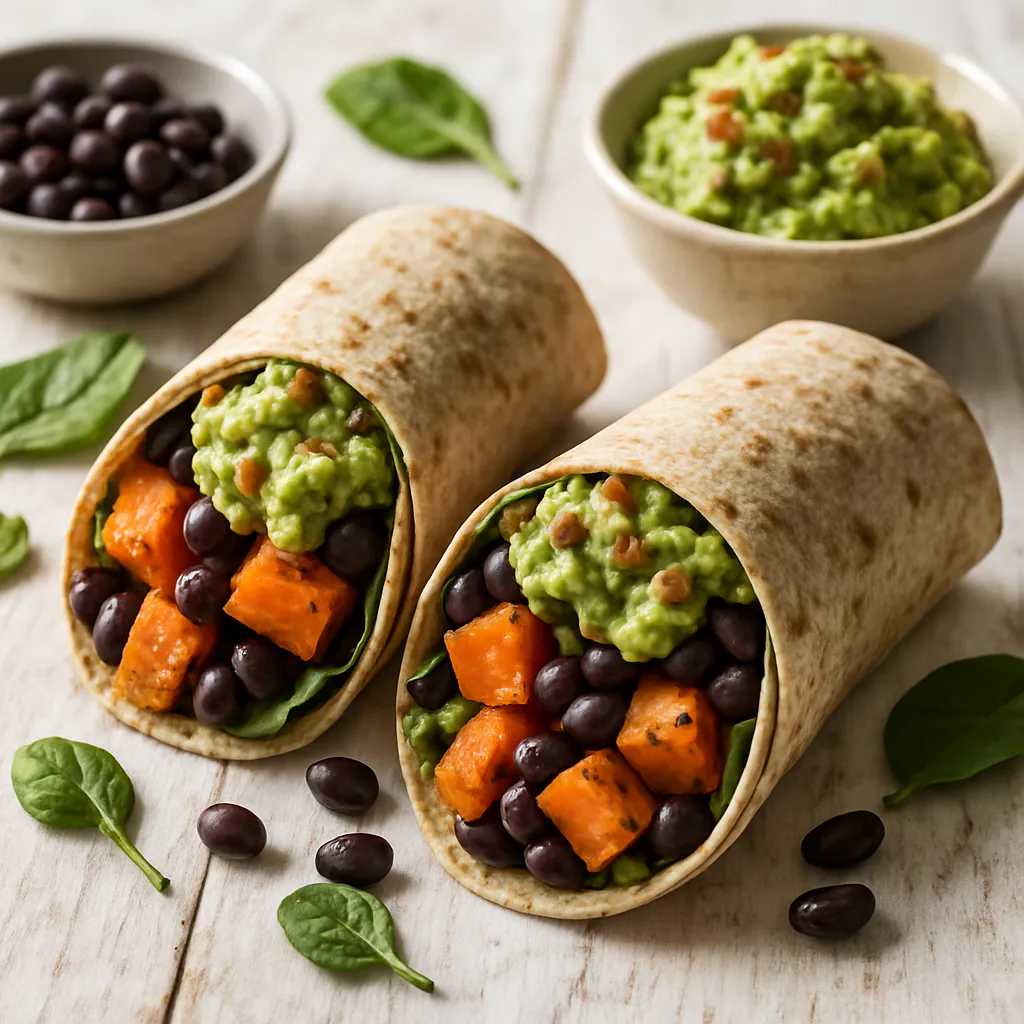 Süßkartoffel-Wraps mit schwarzen Bohnen und Guacamole