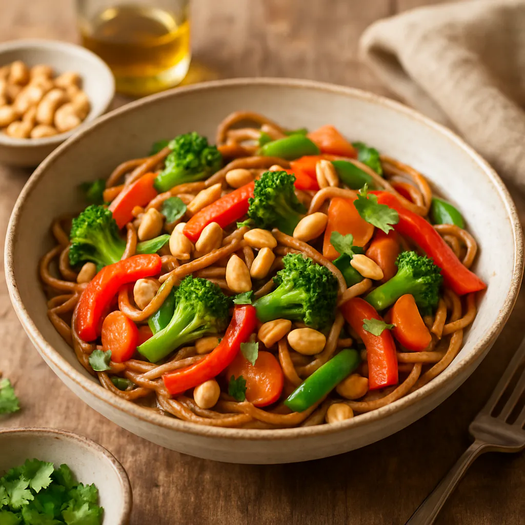 Thai-Style Gemüsewok mit Erdnüssen und Vollkornnudeln