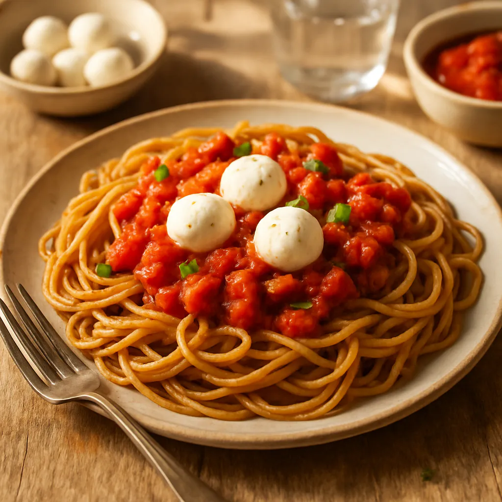 Tomaten-Pasta mit Mozzarella-Bällchen