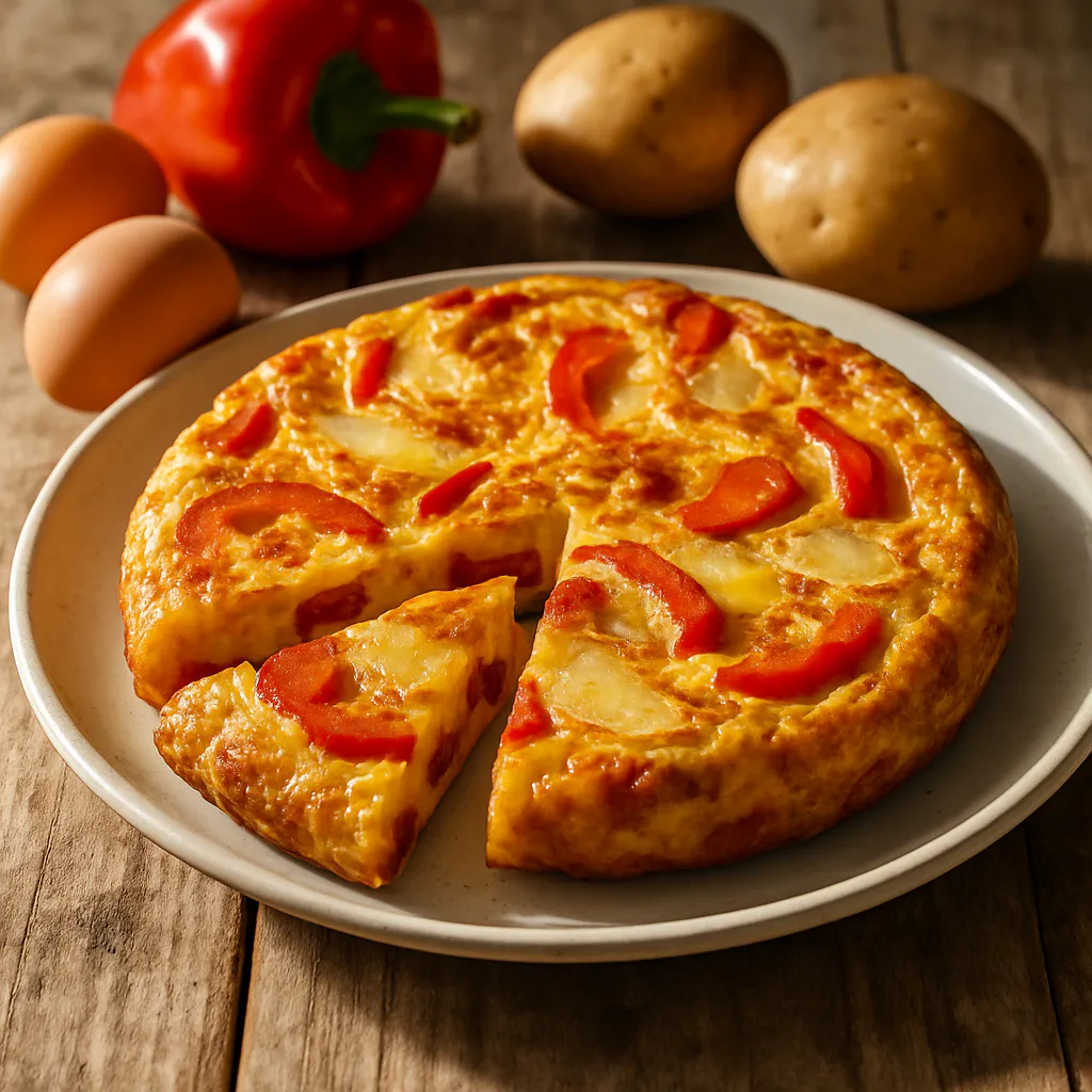 Tortilla-Spanien Omelette mit Paprika und Kartoffeln