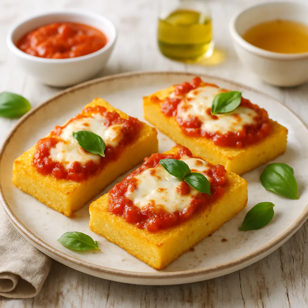 Überbackene Polenta-Stücke mit Tomatensauce und Mozzarella