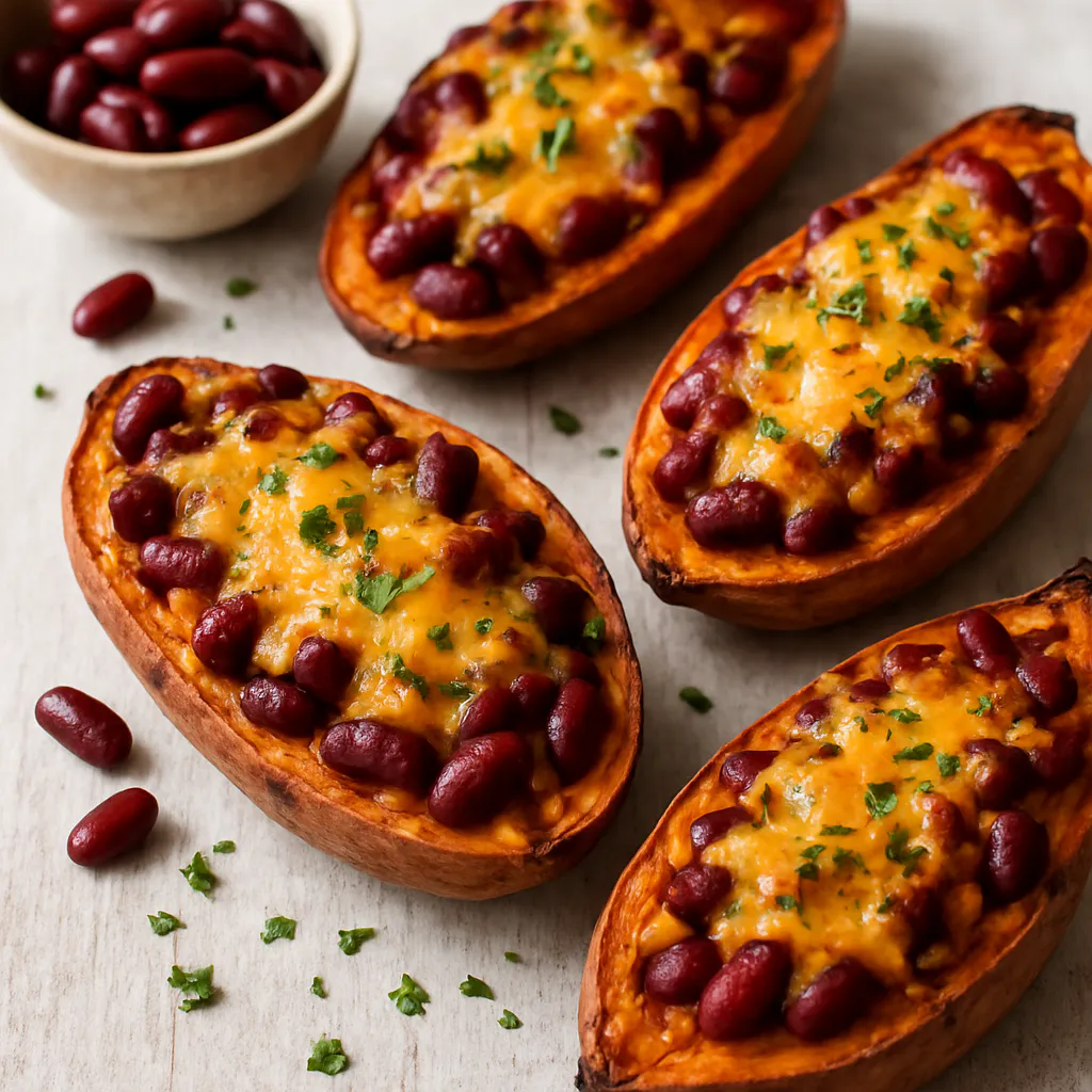 Überbackene Süßkartoffelhälften mit Bohnen und Käse