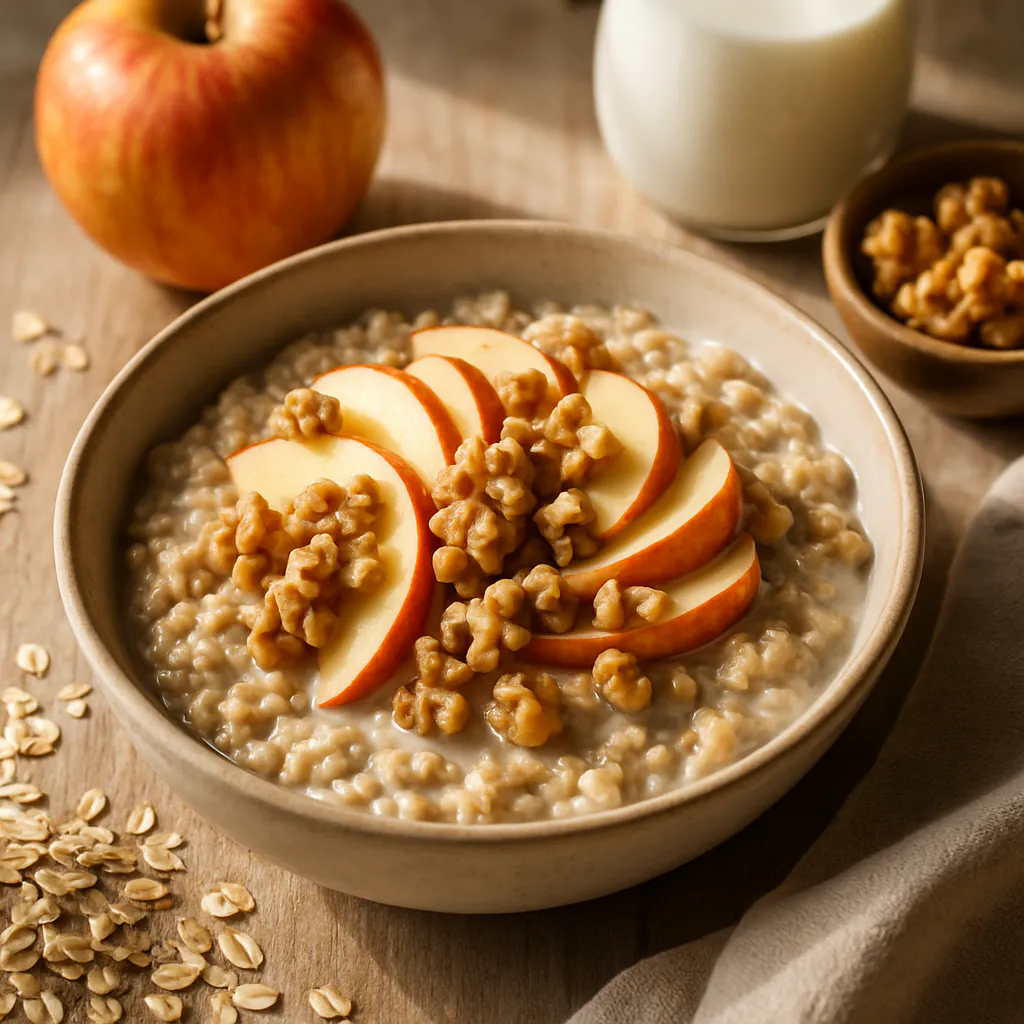 Vollkorn-Haferflocken-Porridge mit Äpfeln und Walnüssen