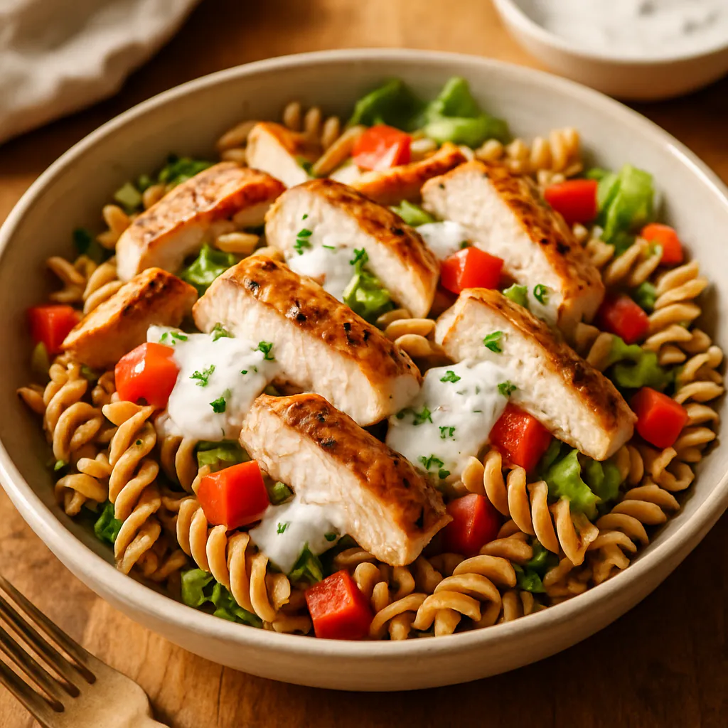 Vollkorn-Nudelsalat mit Hähnchen und Joghurt-Dressing