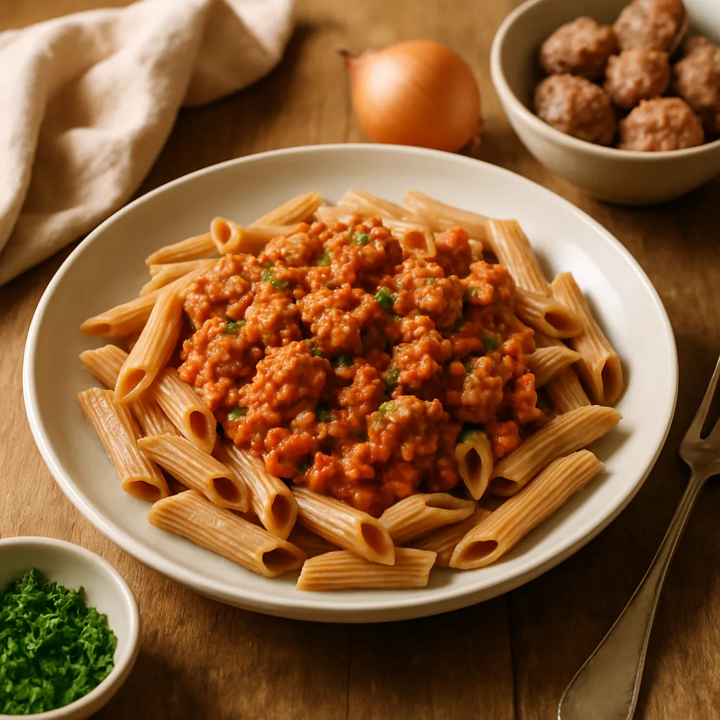 Vollkorn-Penne mit milder Salsiccia-Sauce