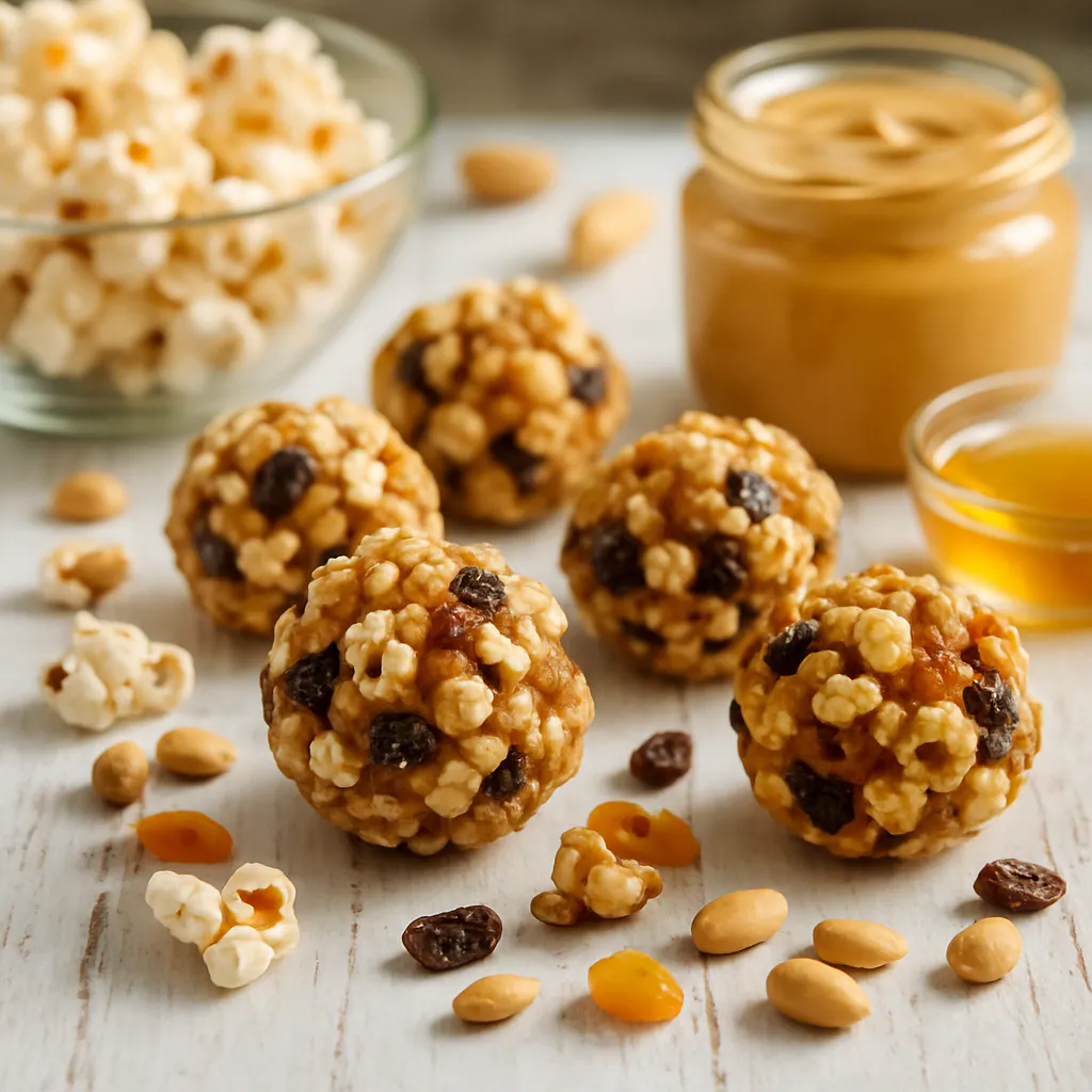 Vollkorn-Popcorn-Bällchen mit Erdnussbutter und Trockenfrüchten
