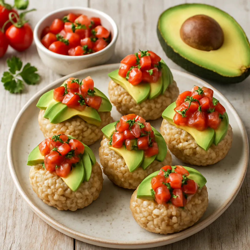 Vollkorn-Reisbällchen mit Avocado und Tomatensalsa
