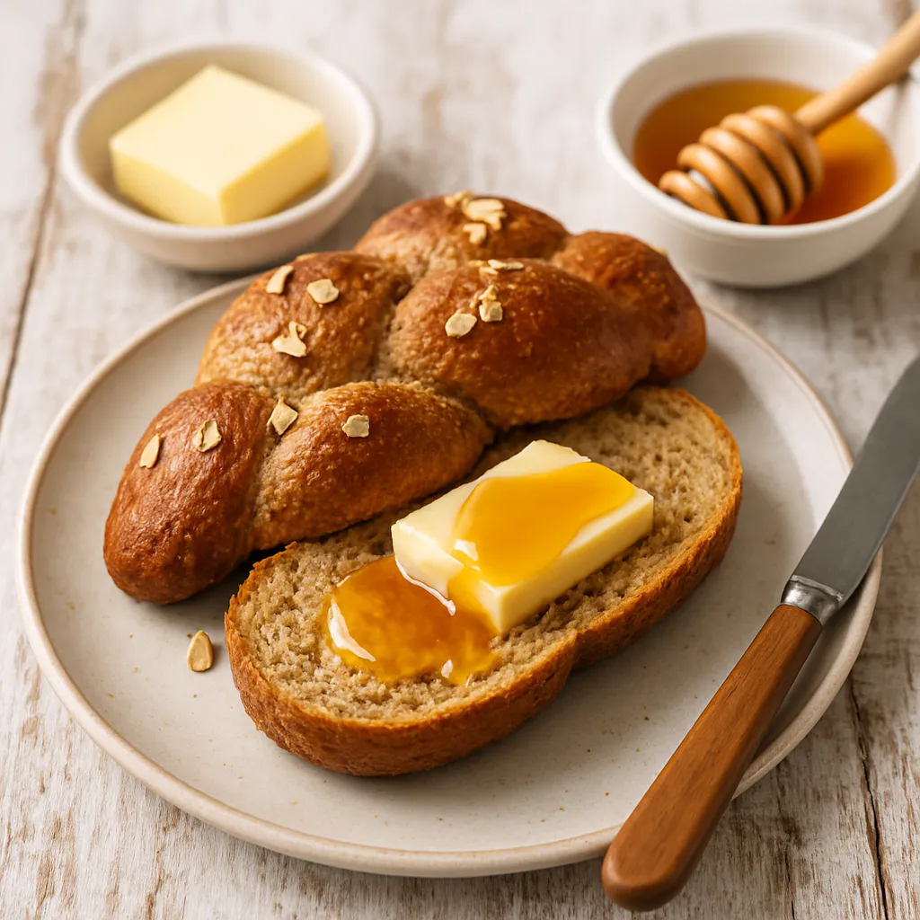 Vollkorn-Zopf mit Butter und Honig