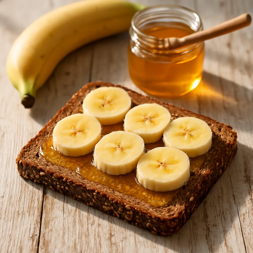 Vollkornbrot mit Honig und Bananenscheiben