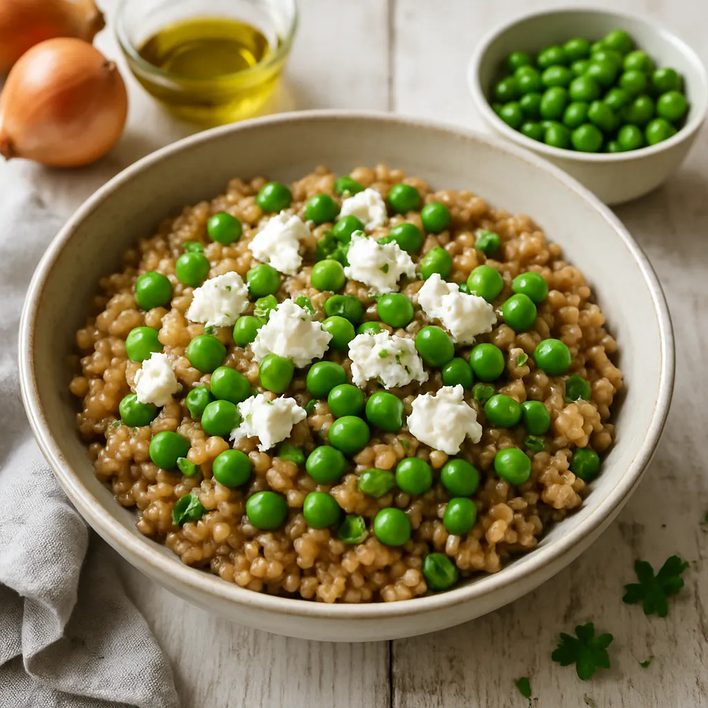 Vollkornbuchweizen-Risotto mit grünen Erbsen und Feta