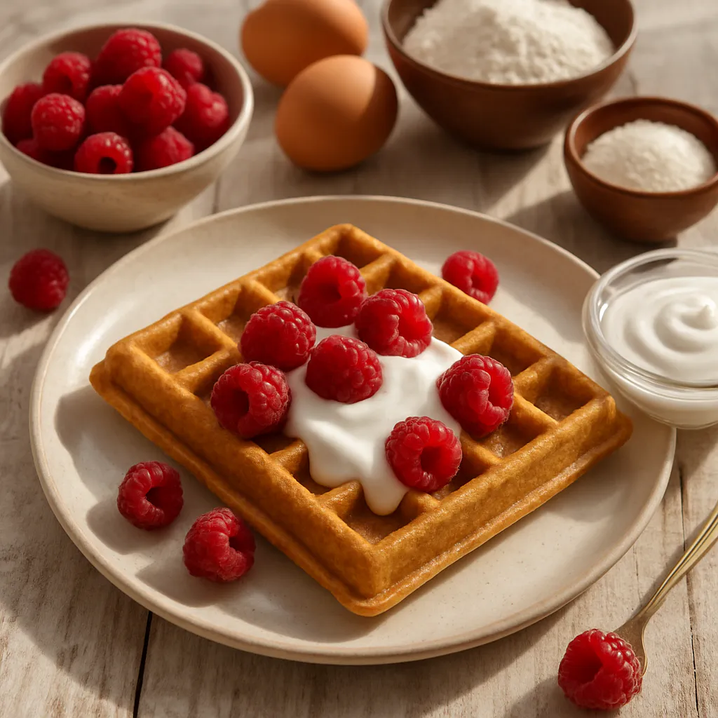 Zarte Dinkelwaffeln mit Himbeeren und Joghurt