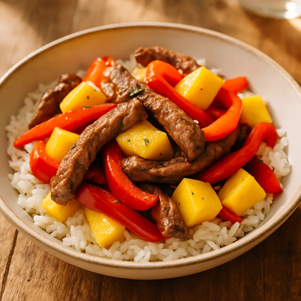 Zarte Rindfleisch-Streifen mit Paprika und Mango auf Reis