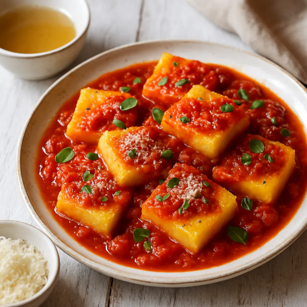 Zartschmelzende Polenta-Häppchen mit Tomaten-Oregano-Sauce