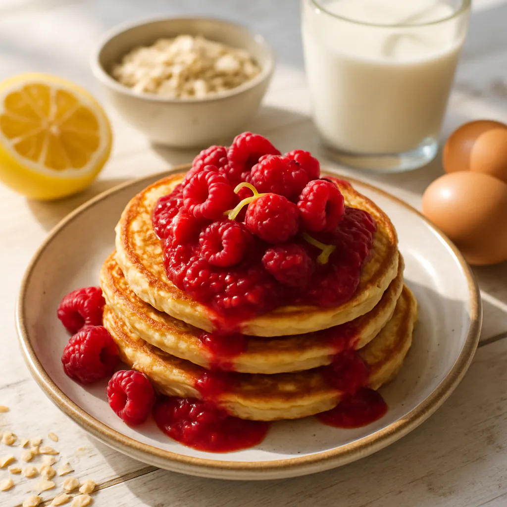 Zitronen-Hafer-Pfannkuchen mit Himbeersoße
