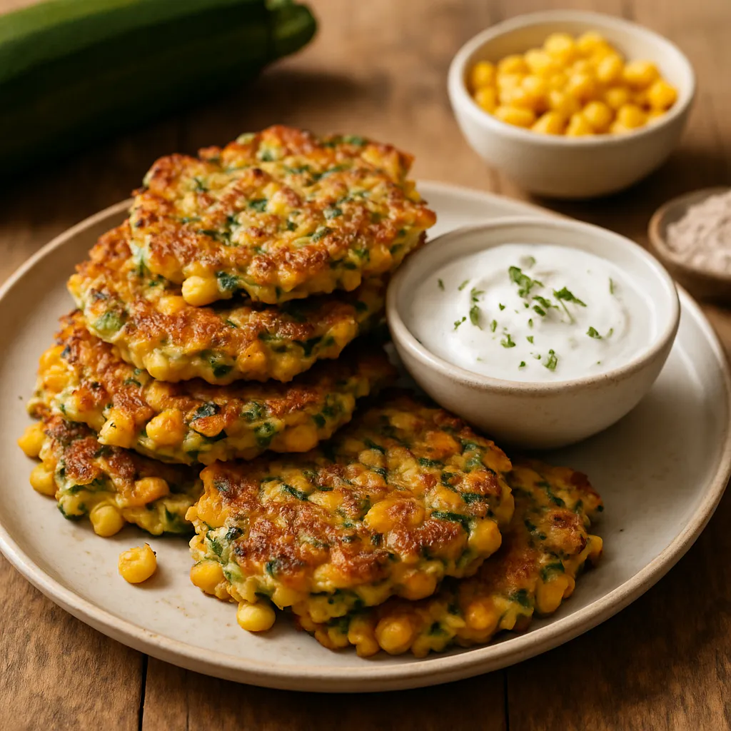 Zucchini-Mais-Puffer mit Joghurt-Dip