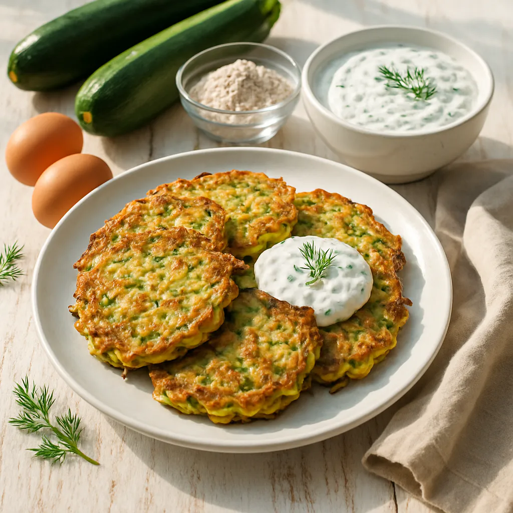 Zucchini-Puffer mit Joghurtdip und Dillsauce
