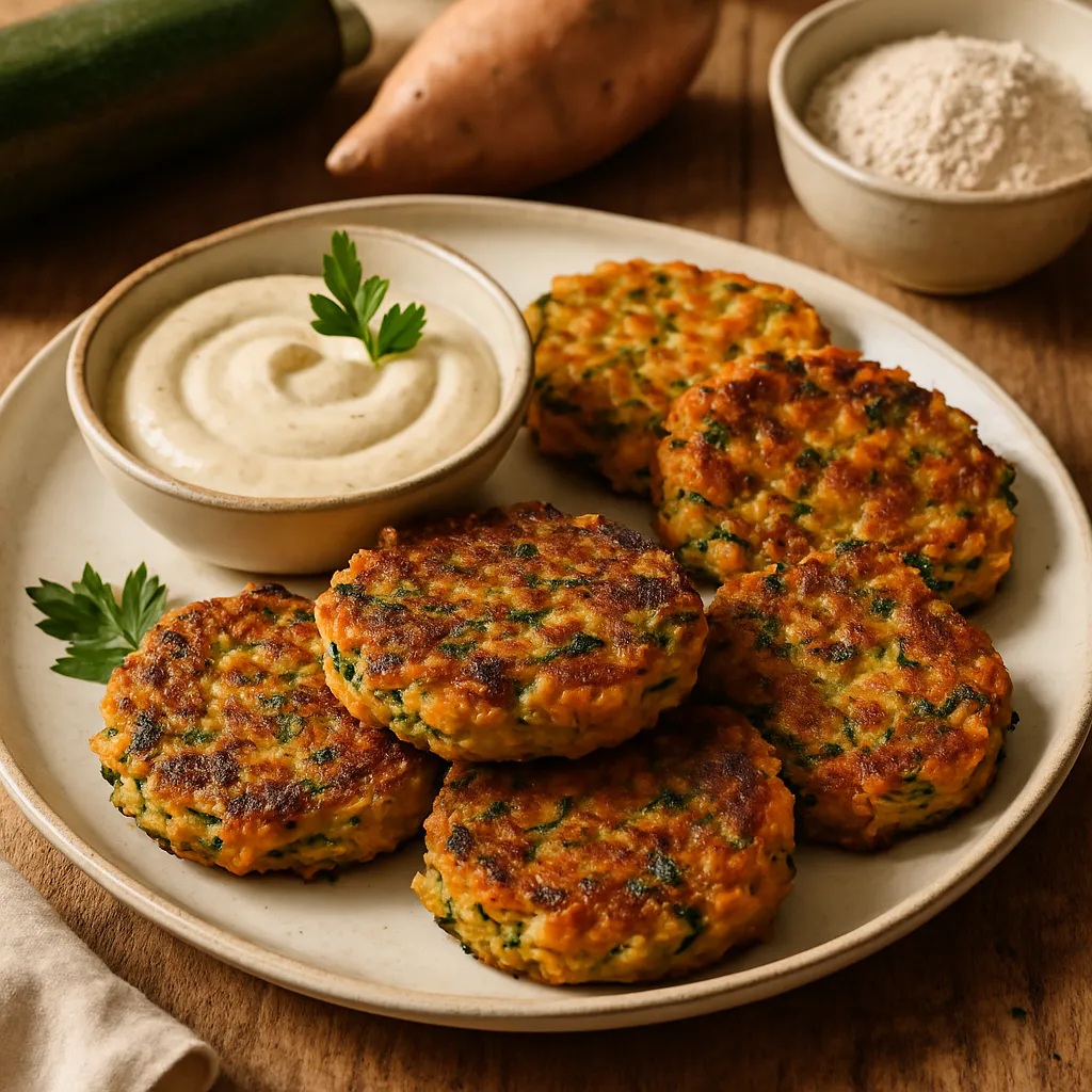 Zucchini-Süßkartoffel-Küchlein mit Tahini-Dip