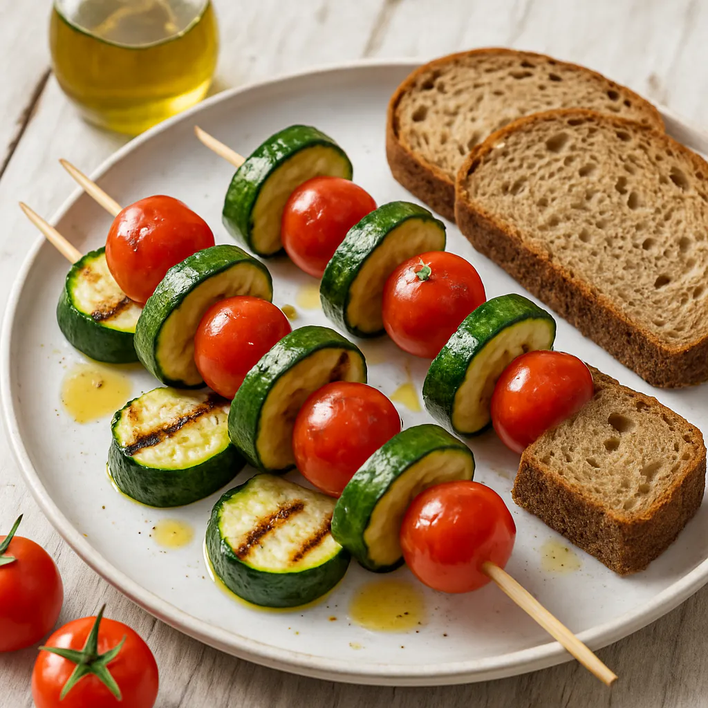 Zucchini-Tomaten-Spießchen mit Vollkorn-Brot