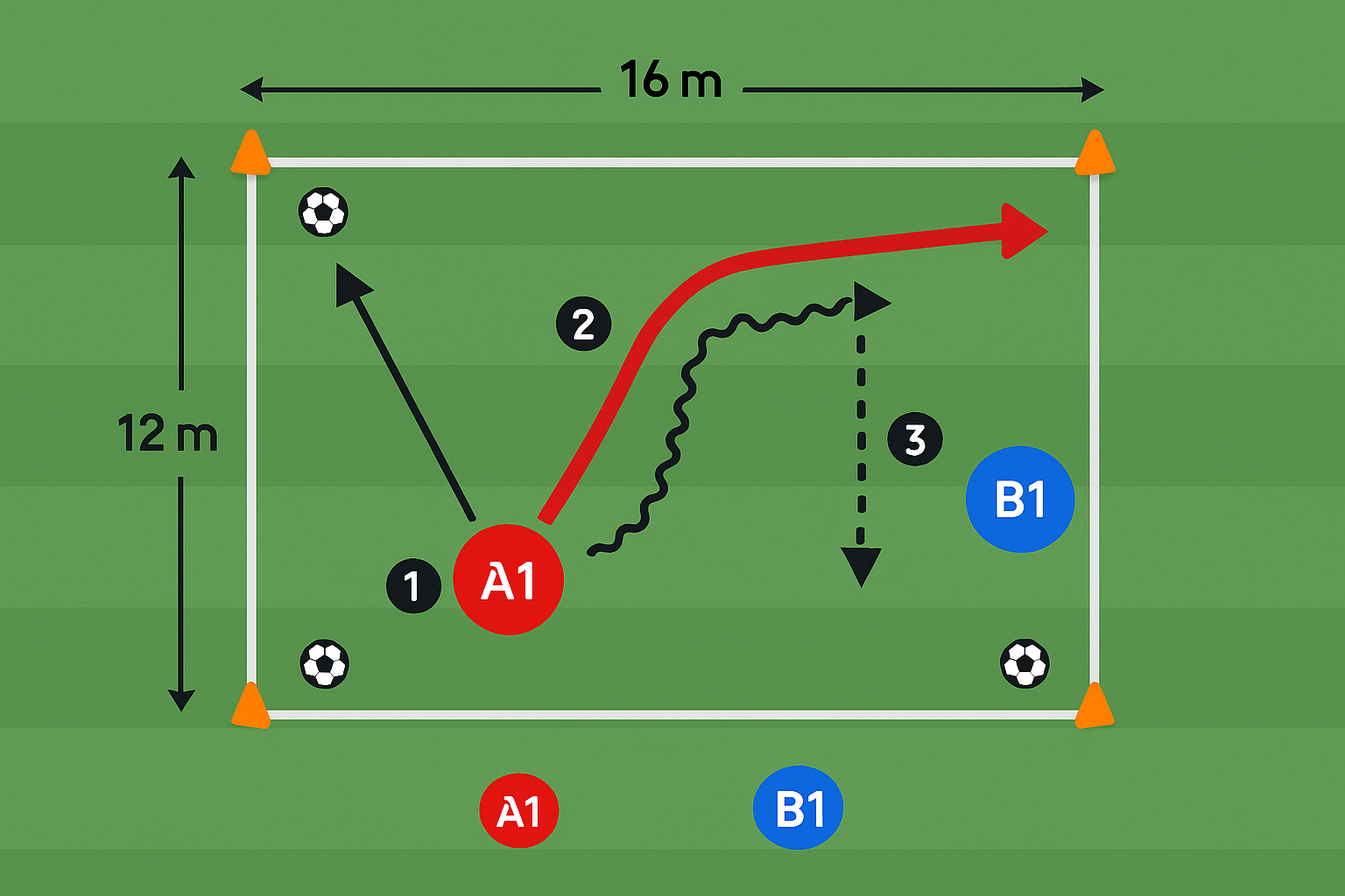 Spielfeld-Diagramm für Ball behaupten im 1 gegen 1